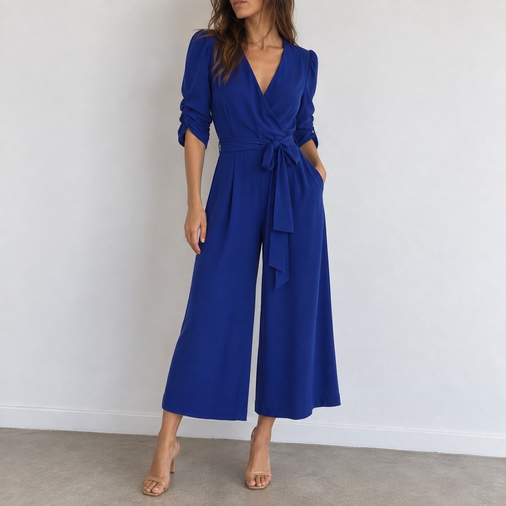 Eliza J Royal Blue Ruched Sleeve Wide Leg Jumpsuit Size 6